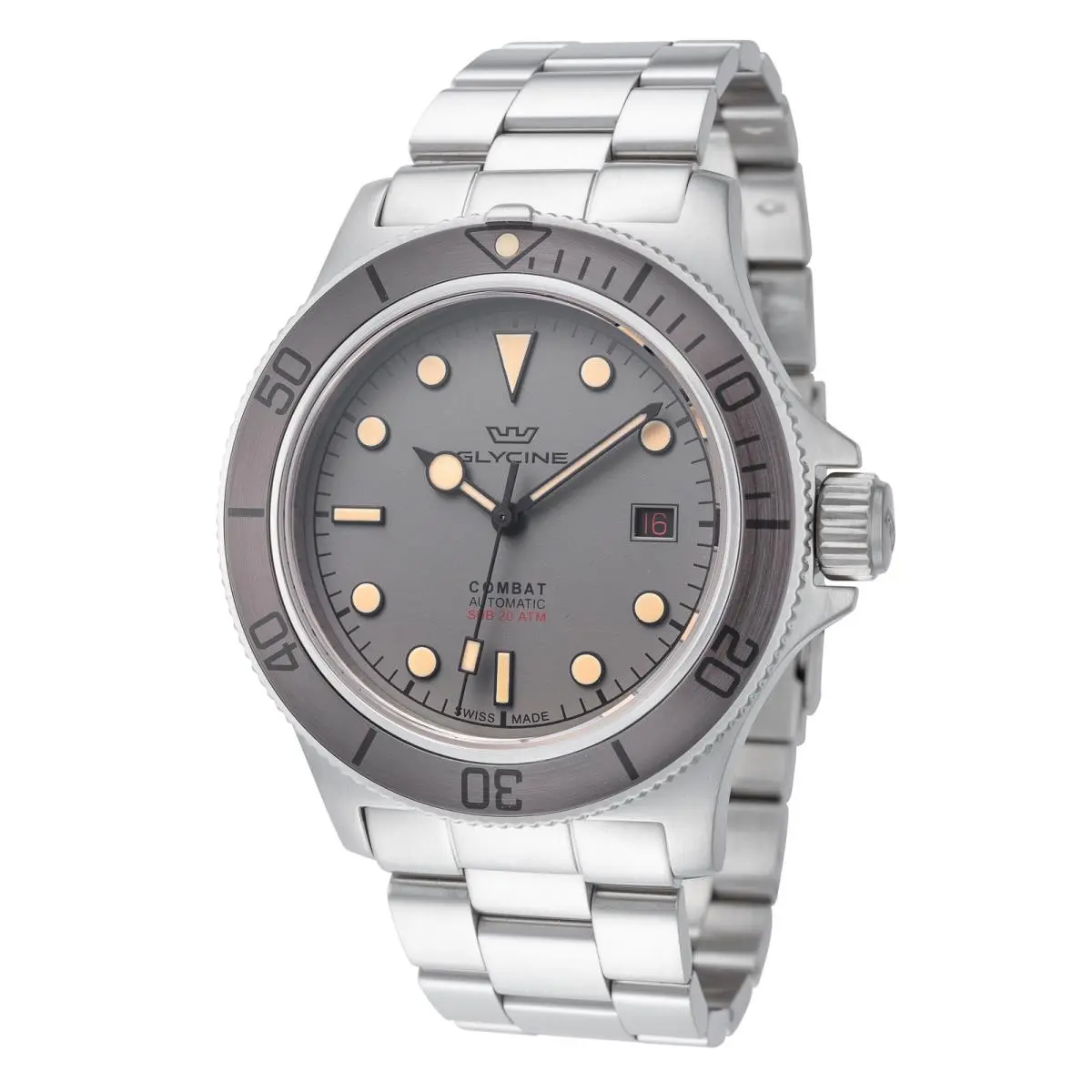 Glycine Men`s Combat Sub 42mm Automatic Watch GL0419 - Dial: Gray, Band: Silver, Other Dial: Grey