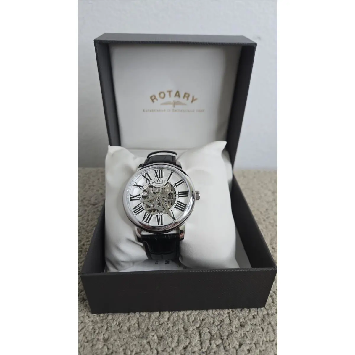 Never Worn  Skeleton Automatic Black Leather Strap Men`s Wristwatch by Rotary