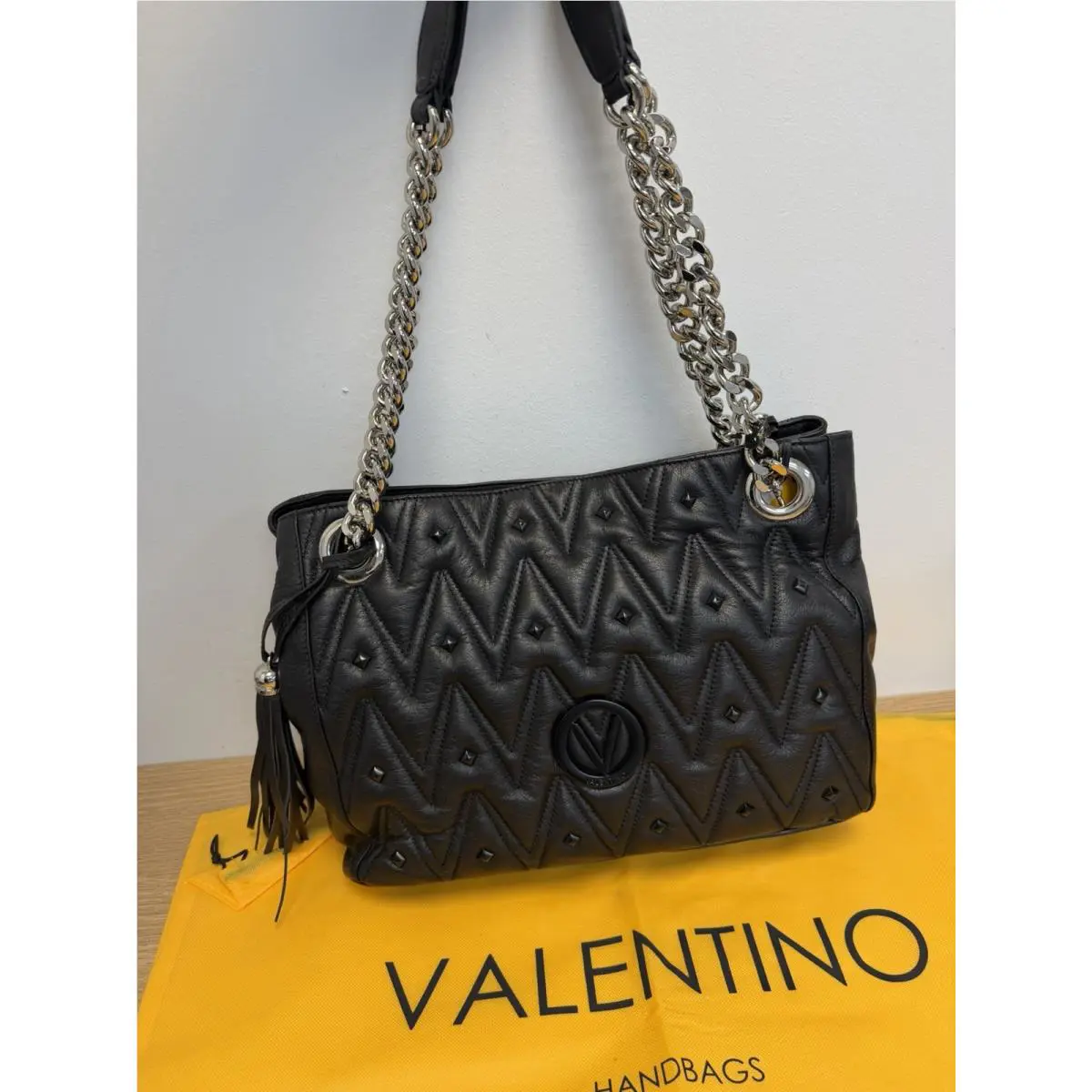 Mario Valentino Black Quilted Leather Handbag with Silver Cha