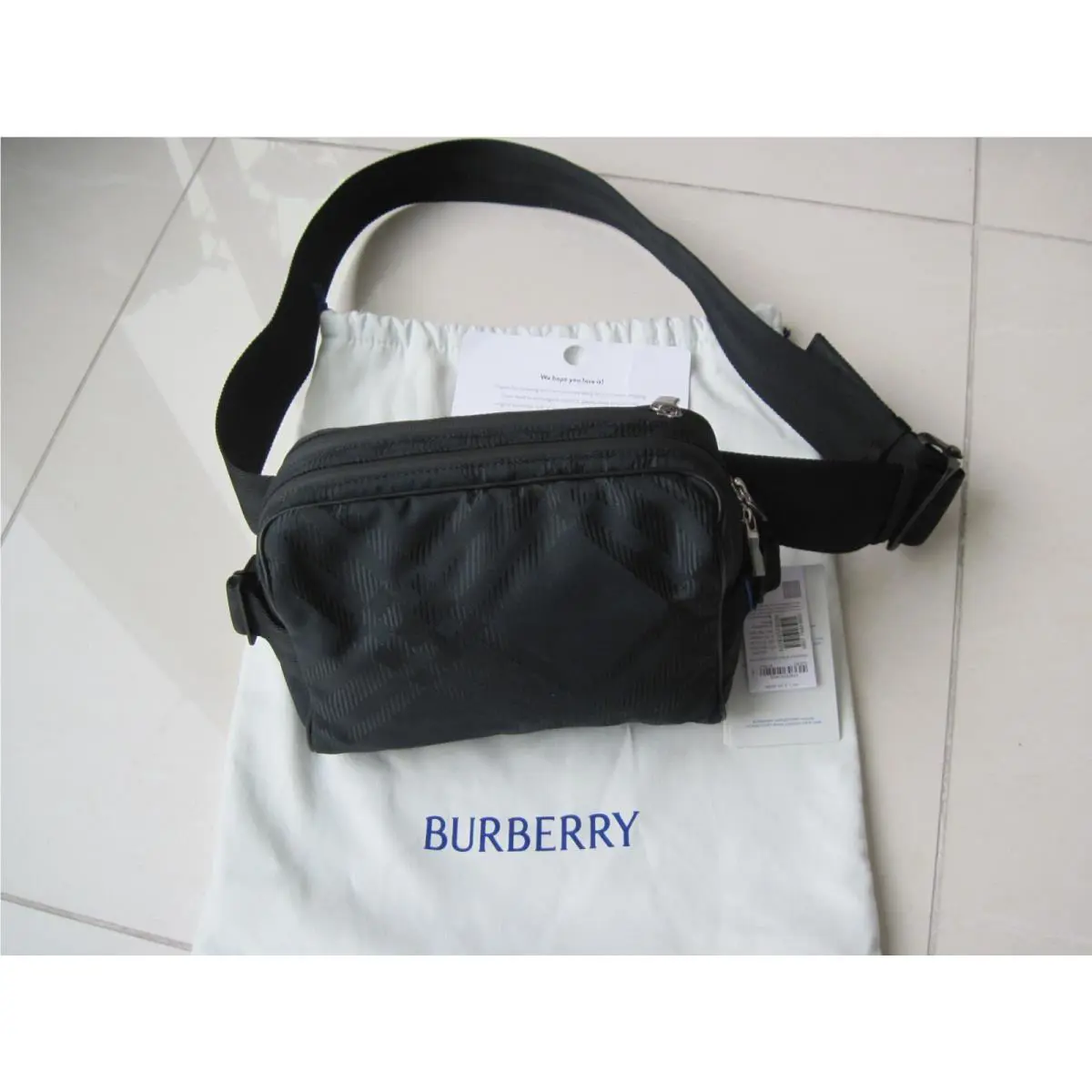 Burberry Check Jacquard Belt Bag Men`s Black Adjustable Waist Strap Zip Closure