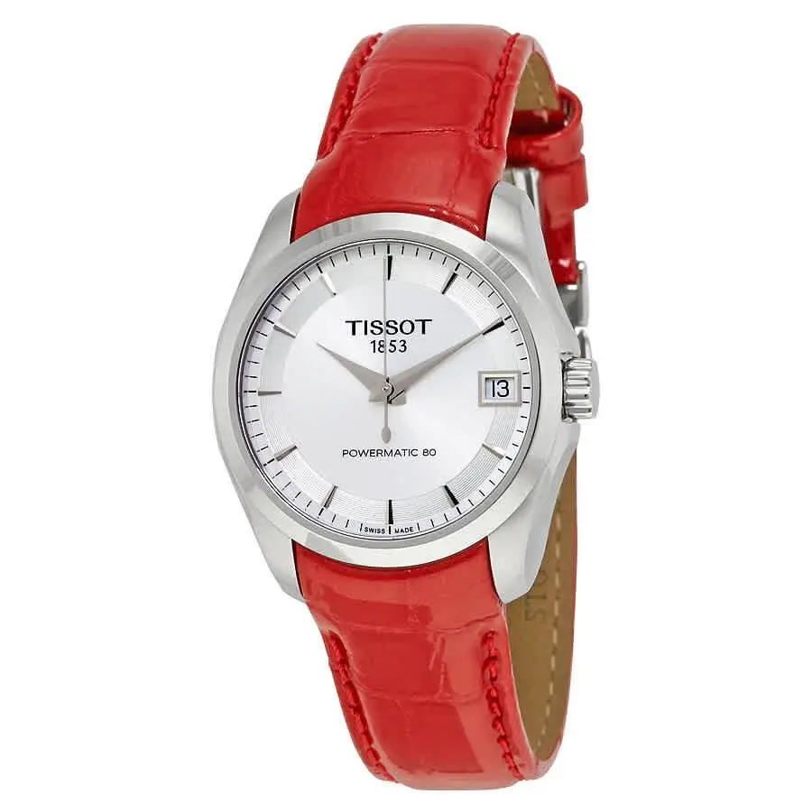 Tissot Couturier Powermatic 80 Automatic Ladies Watch T0352071603101 - Dial: Silver, Band: Red, Bezel: Silver