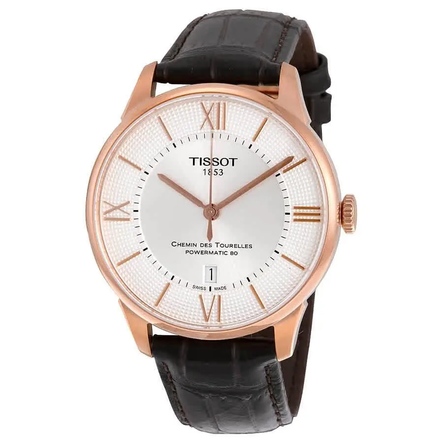 Tissot Chemin Des Tourelles Powermatic 80 Men`s Watch T0994073603800 - Dial: Silver, Band: Brown, Bezel: Pink