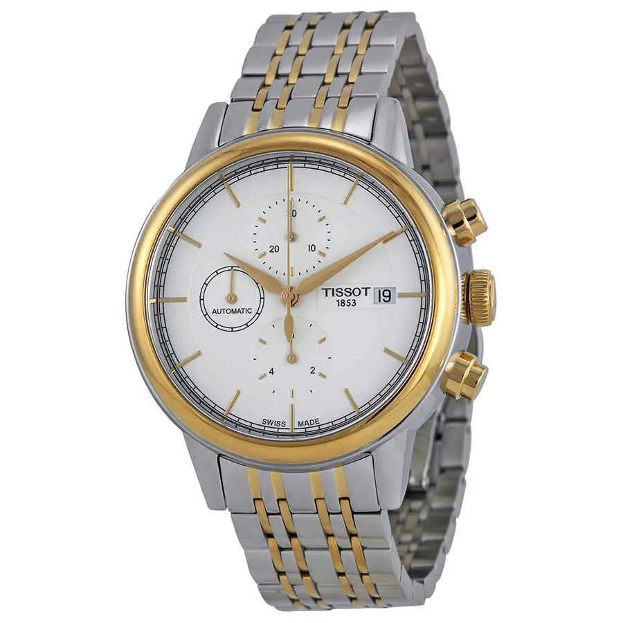 Tissot Carson Automatic Chronograph Men`s Watch T0854272201100 - Dial: White, Band: Silver, Gold, Bezel: Gold