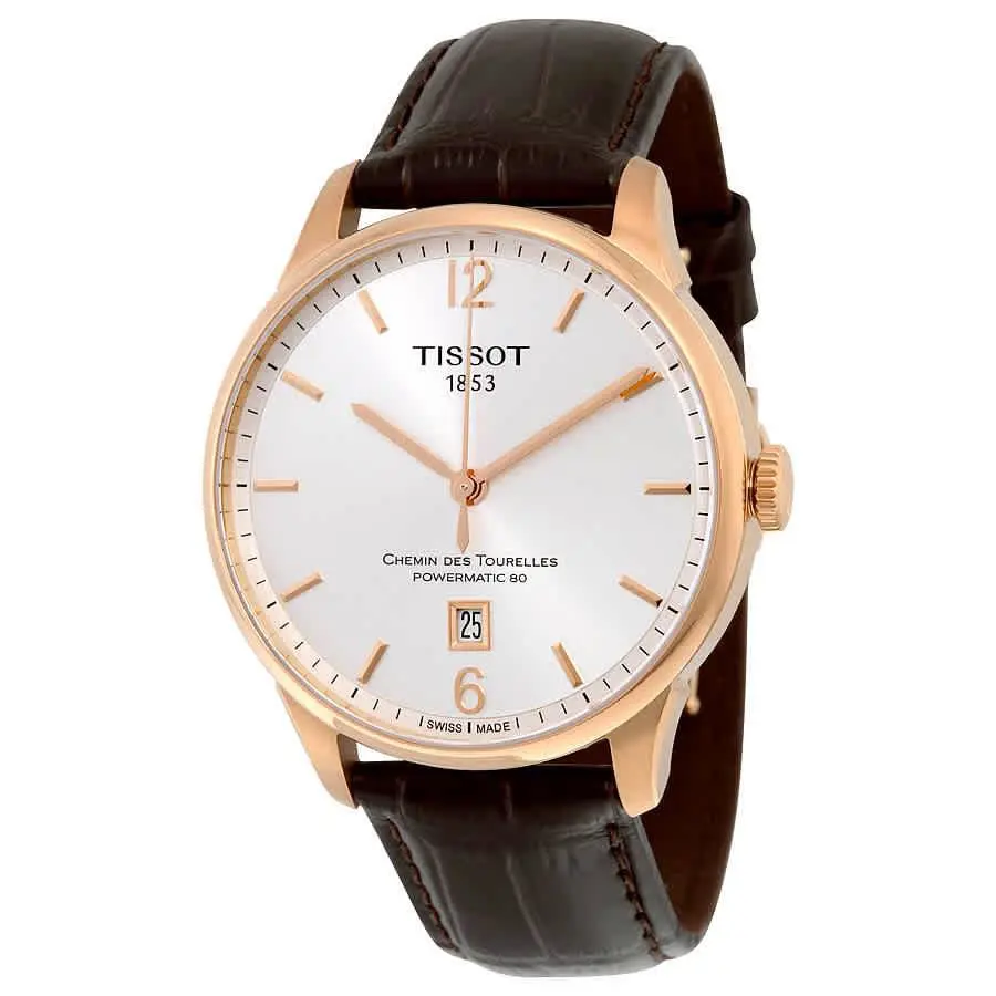 Tissot Chemin Des Tourelles Automatic Men`s Watch T0994073603700 - Dial: Silver, Band: Brown, Bezel: Pink