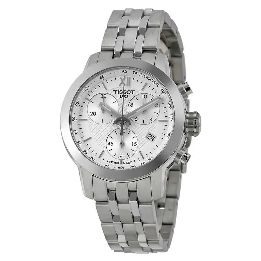 Tissot PRC200 Chronograph White Dial Ladies Watch T0552171101800 - Dial: White, Band: Silver-tone, Bezel: Silver-tone