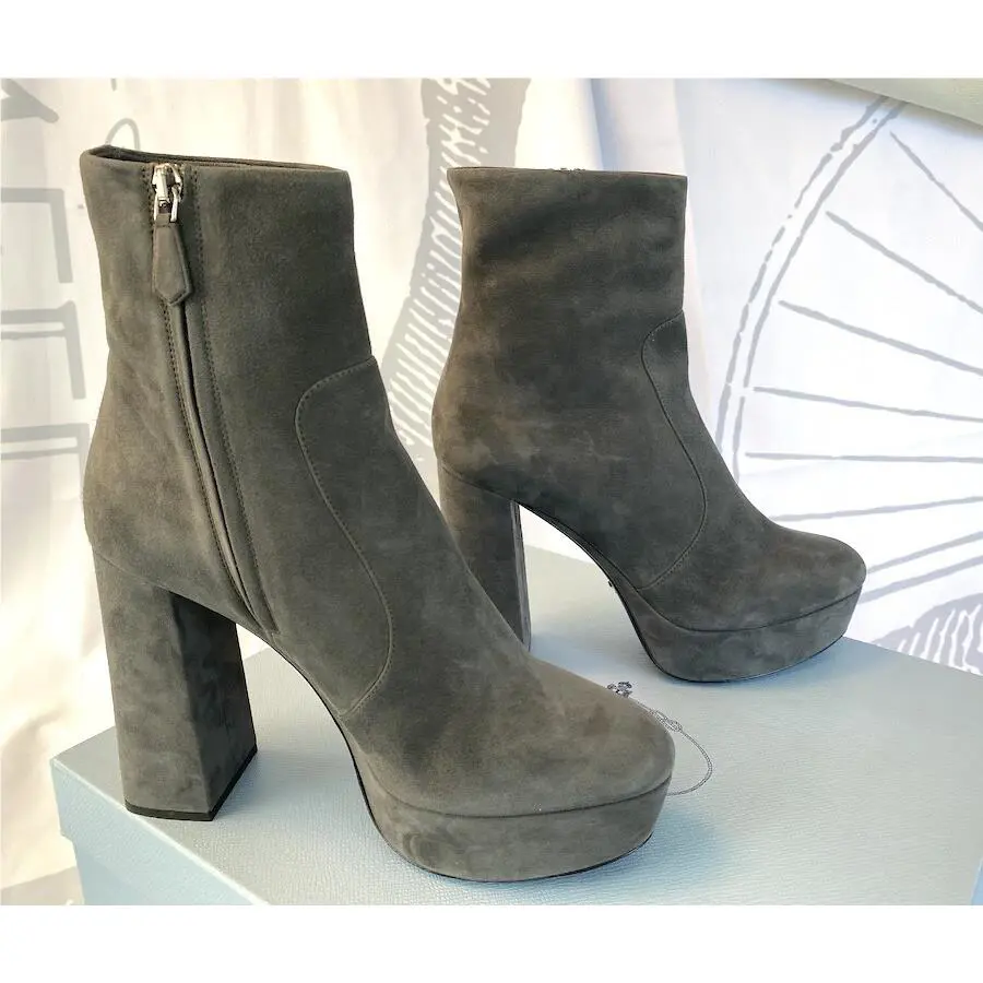 Prada Milano 1TP221 Womens Gray Suede High Heel Ankle Boots Shoes sz 35