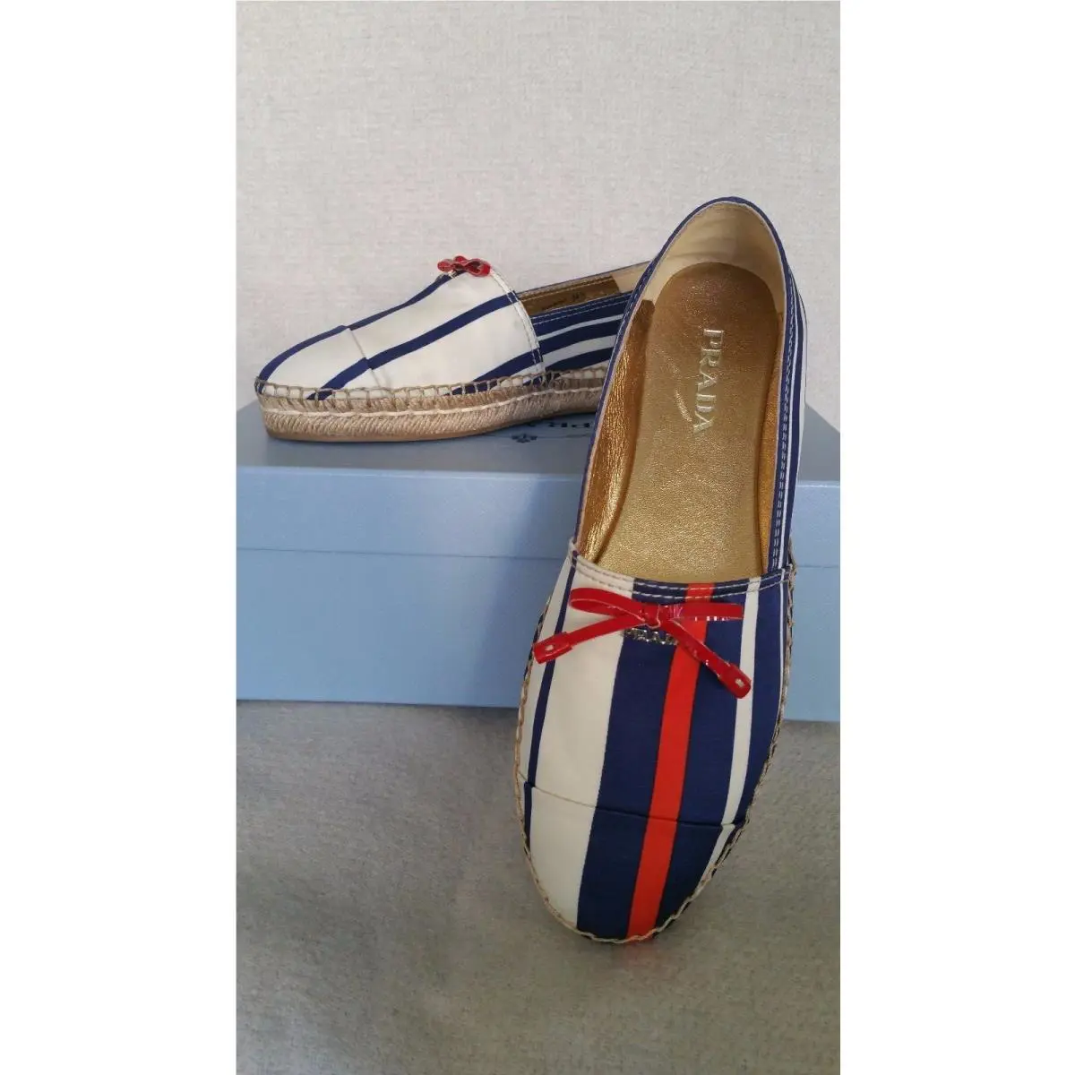 Prada Radzimir Espadrille Striped Logo Bow 38.5 8.5 Flats Navy Italy Cap Toe
