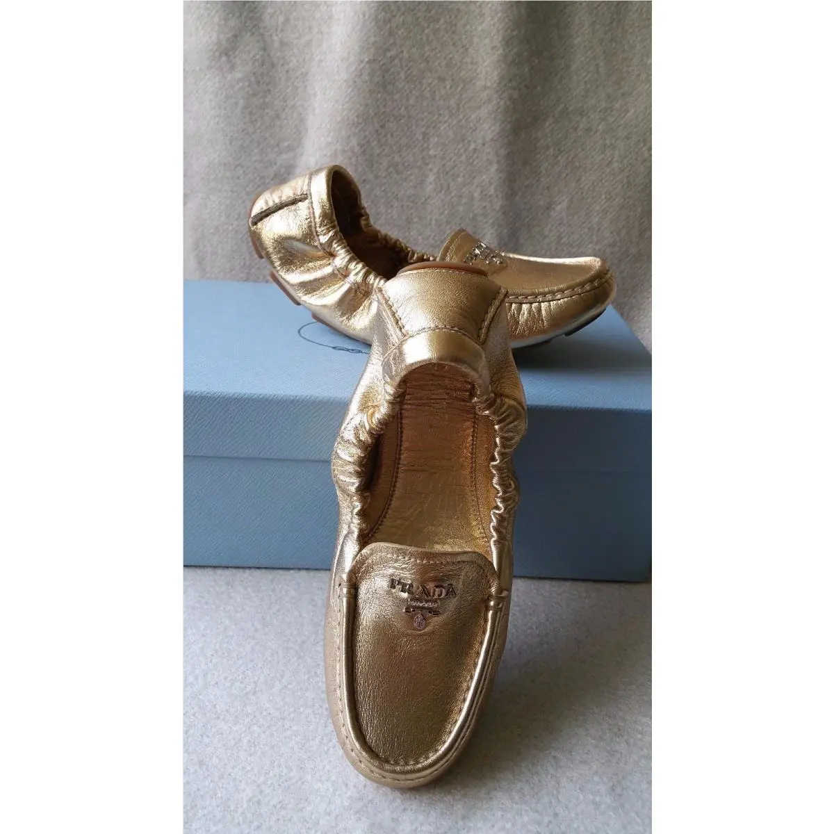 Prada Scrunch Driving Logo Loafer 36.5 Gold Leather Moccasin Flats Shoe
