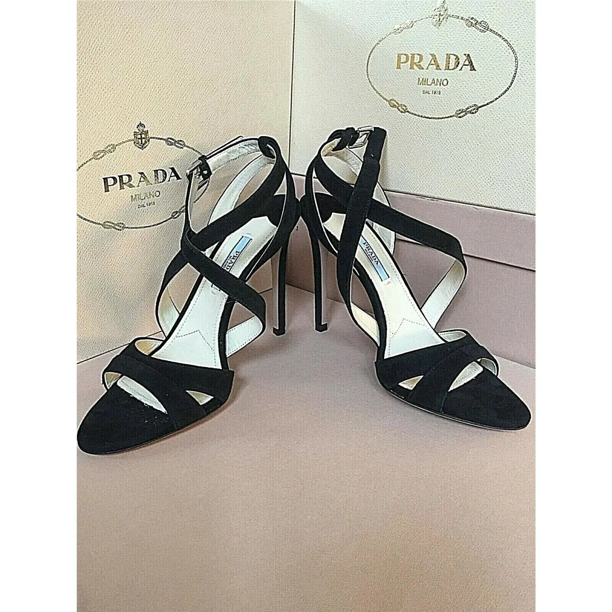 Prada Women`s Shoes Black Suede Open Toe Pumps Heels Size 35.5 S15