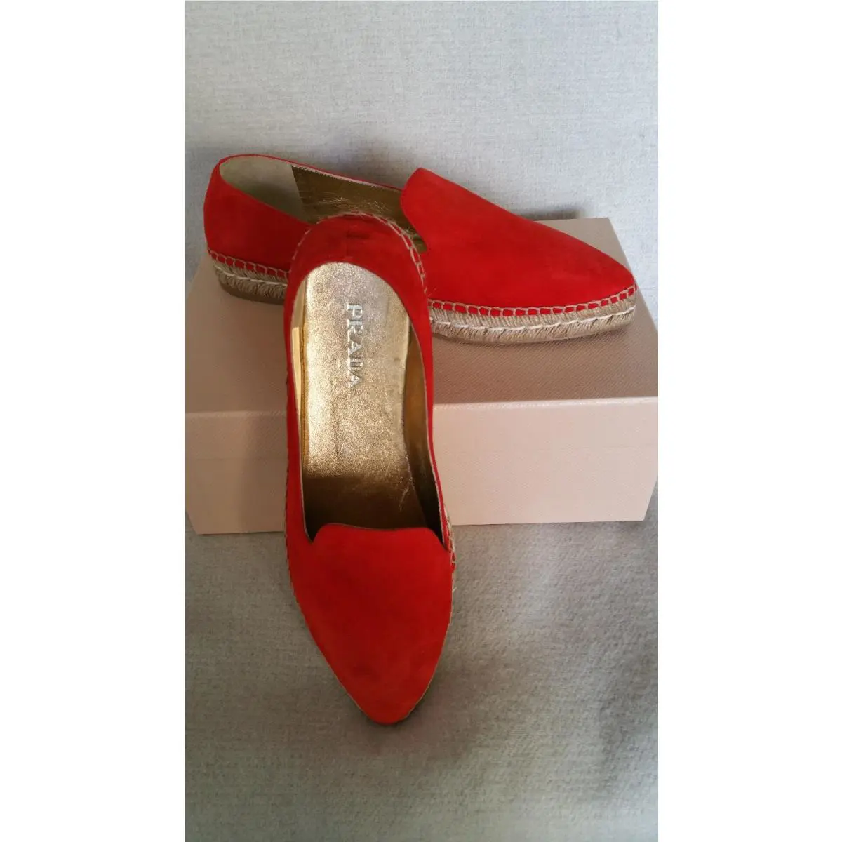 Prada Red Orange Pointy Toe Espadrille 9.5 39.5 Suede Flats Slip-on Italy