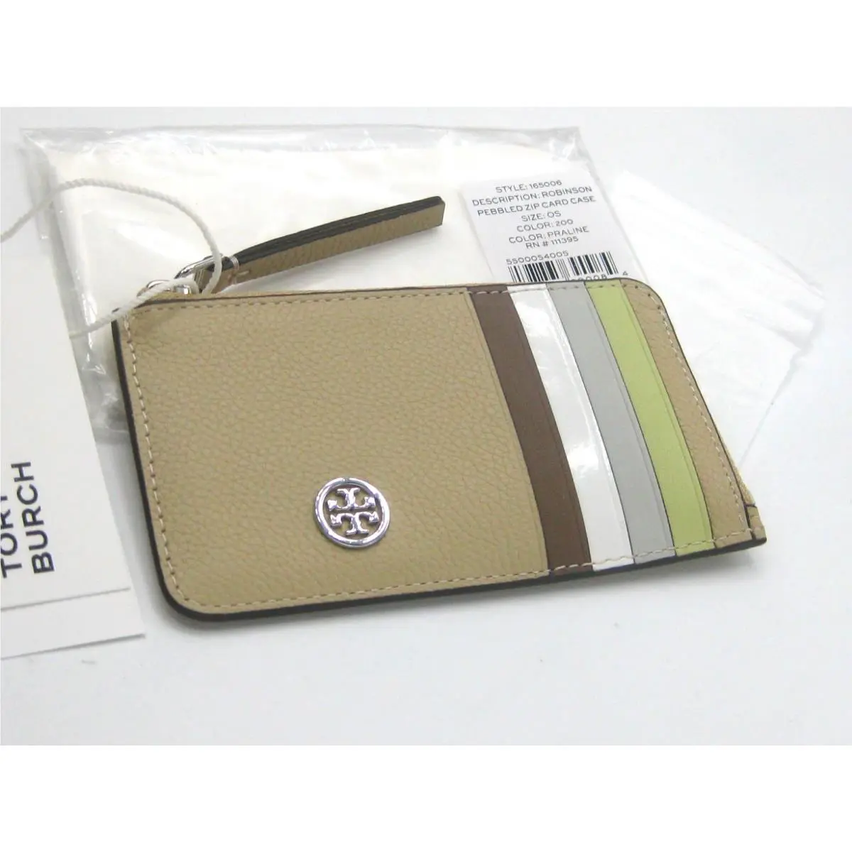 Tory Burch Robinson Pebbled Leather Zip Card Case in Praline Pkg