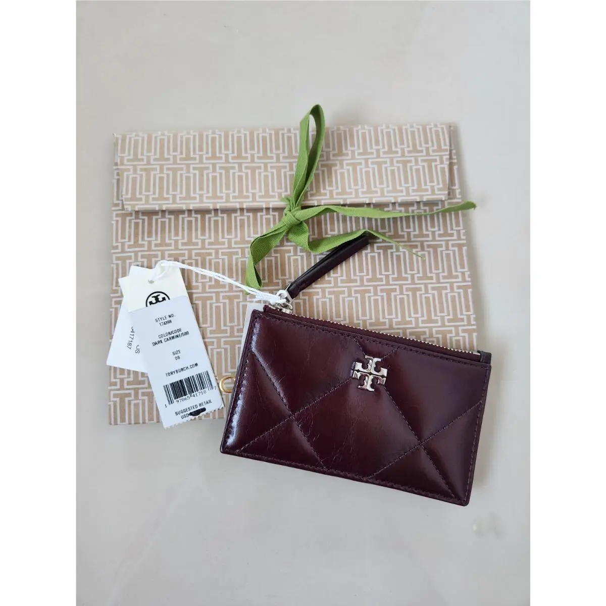Tory Burch Kira Diamond Quilt Zip Card Case Dark Carmine