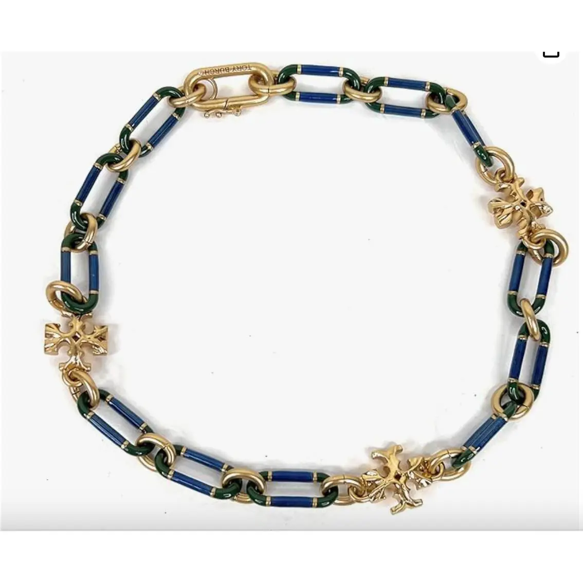 Tory Burch Rolled Gold Large Link Necklace Choker Green Blue