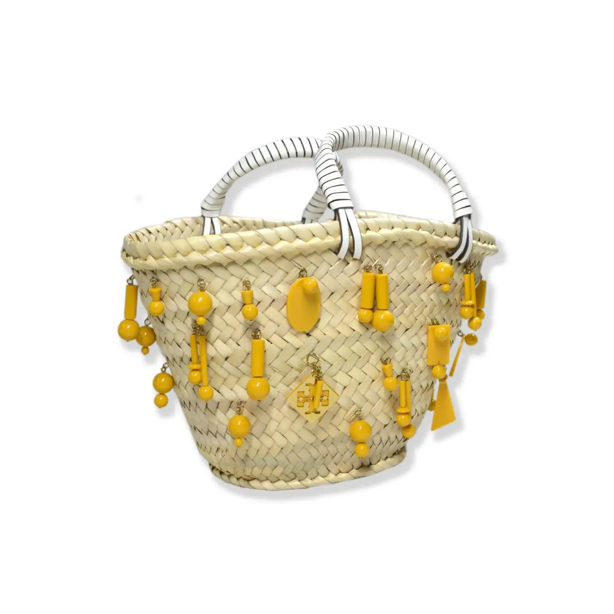 Tory Burch Womens Beige Yellow Raffia Woven Basket Bag with Enamel Beads TB-206