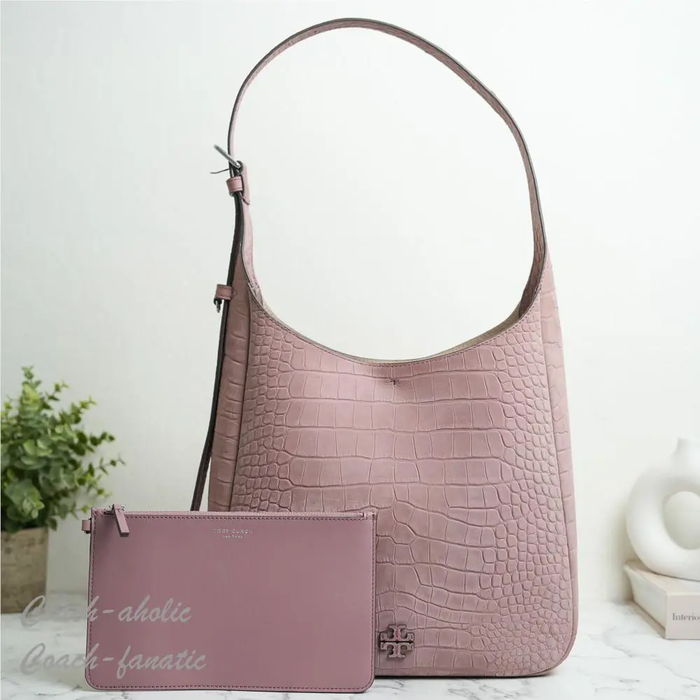 Tory Burch Thea Embossed Suede Slouchy Shoulder Bag in Soft Mauve Pink