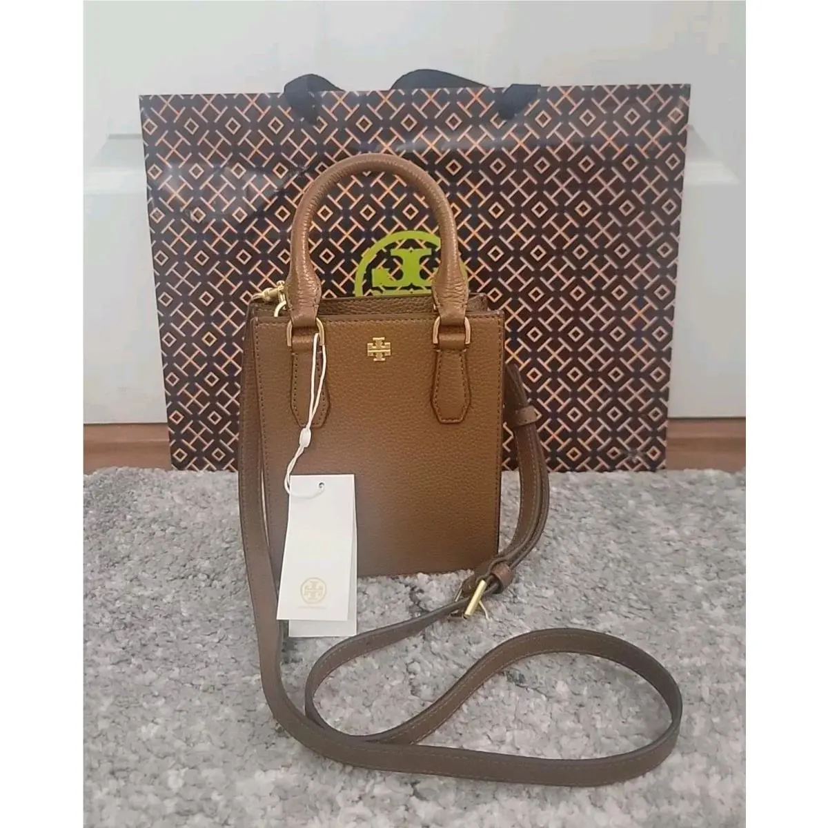 Tory Burch Blake Brown Bourbon Leather Mini Shopper Tote Crossbody Purse Bag