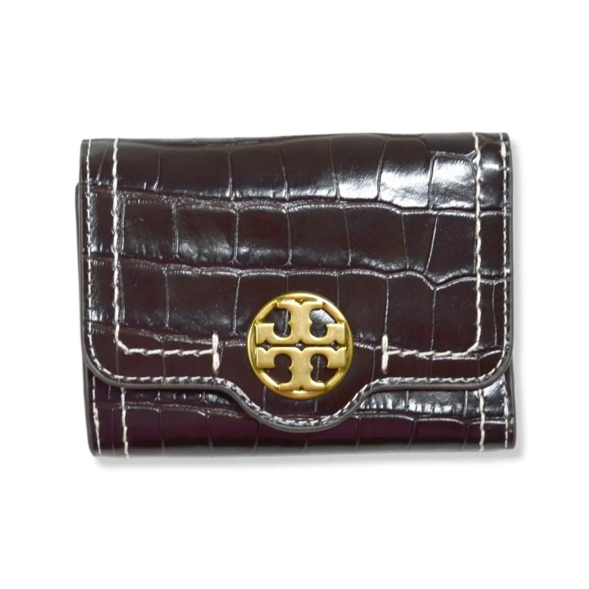 Tory Burch 157274 Felix Brown Croc with Goldtone Hardware Tri-fold Wallet TB-058