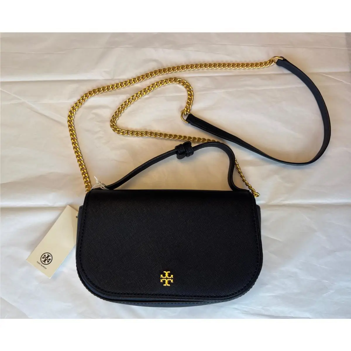 Tory Burch Emerson Top Handle Saffiano Navy Blue Flap Purse Gold Chain Strap