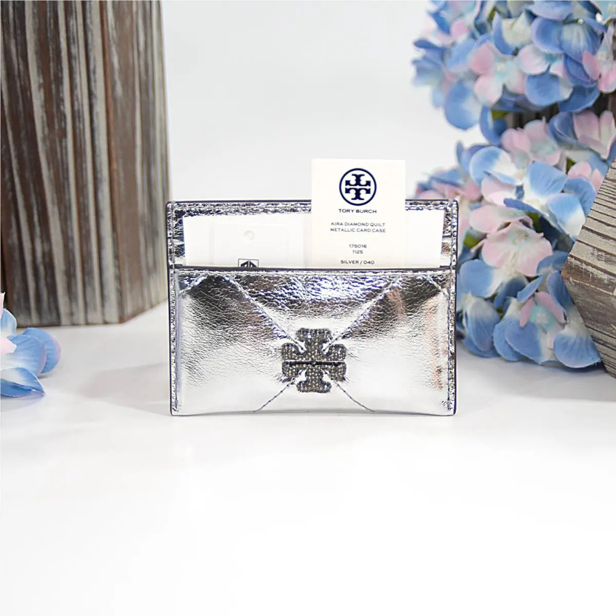Tory Burch Silver Leather Kira Pave Crystal Quilt Logo Card Case Mini Wallet