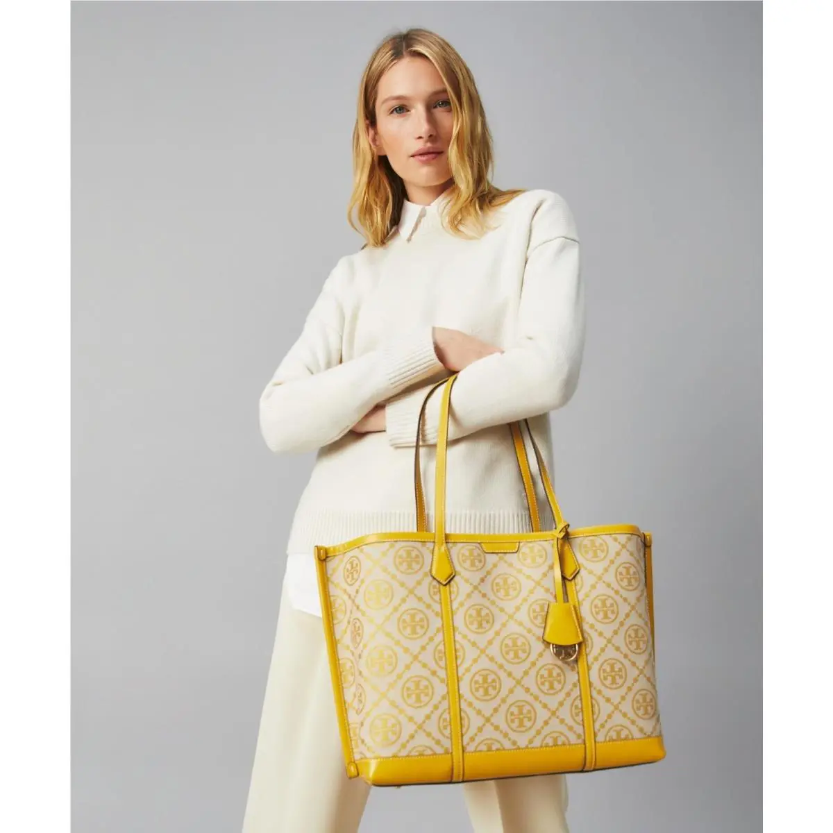 Tory Burch Perry T Monogram Goldfinch Yellow Triple-compartment Tote