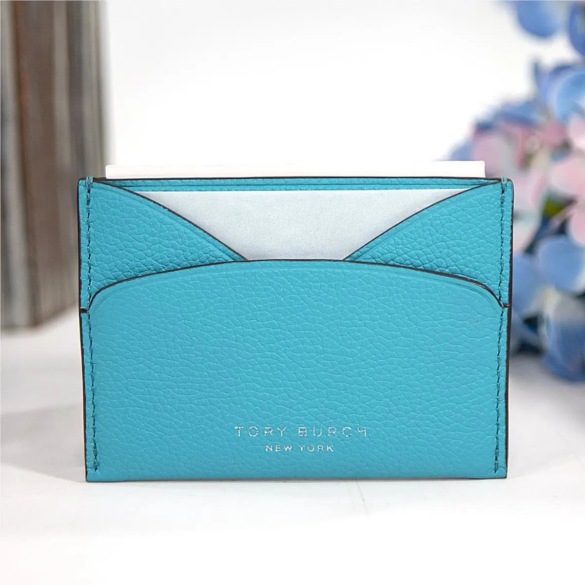 Tory Burch Soft Turquoise Pebbled Leather Romy Logo Card Case Mini Wallet