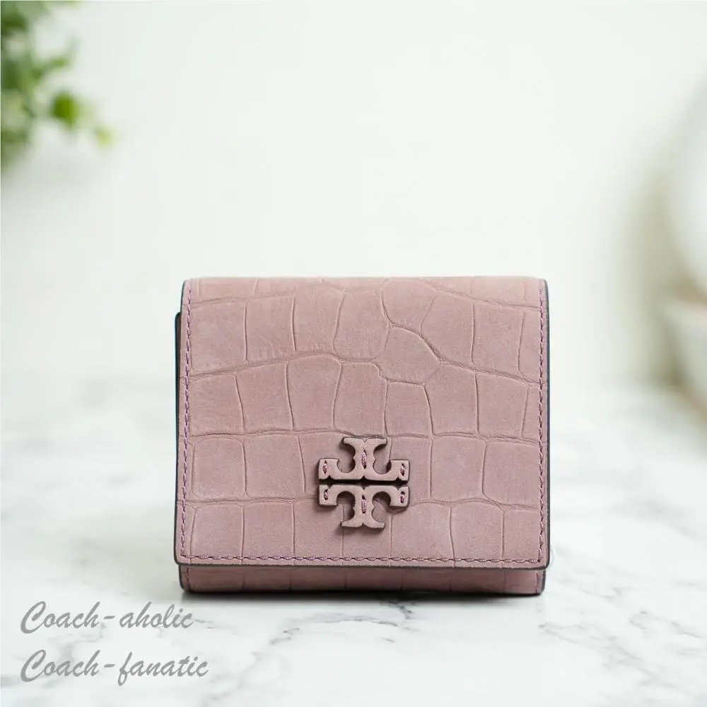 Tory Burch Thea Embossed Suede Leather Compact Wallet in Soft Mauve