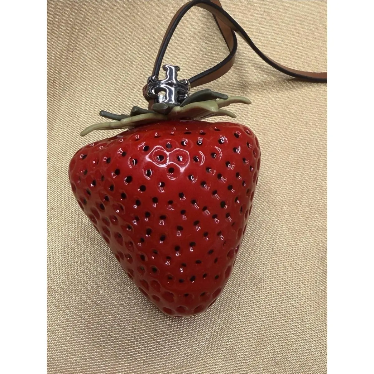 Tory Burch Red Strawberry Bag Charm – 3D Fruit Keychain – Gold Tone Logo –