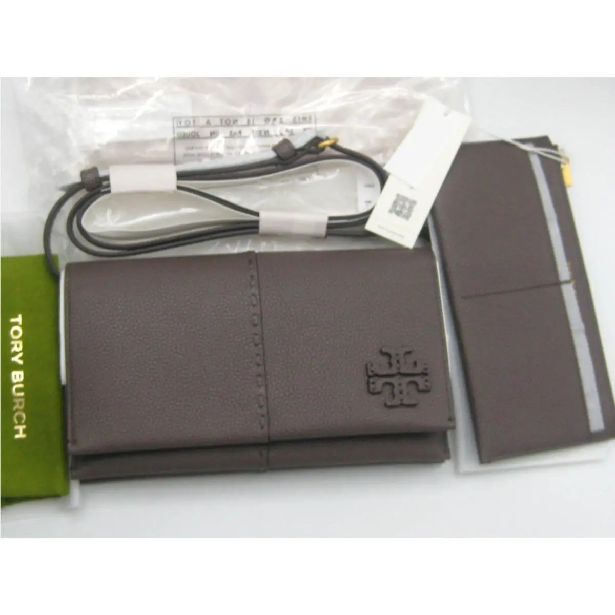 Tory Burch Mcgraw Leather Wallet Crossbody Bag in Silver Maple Orig Pkg