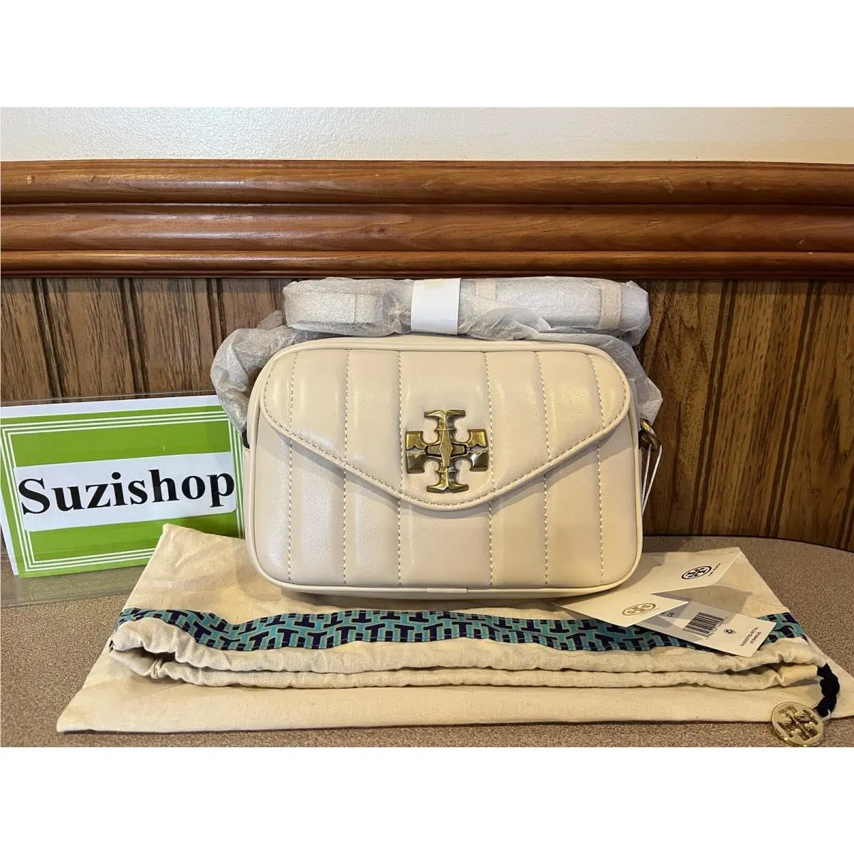 Tory Burch Mini White Kira Quilted Leather Cream Camera Bag Brie