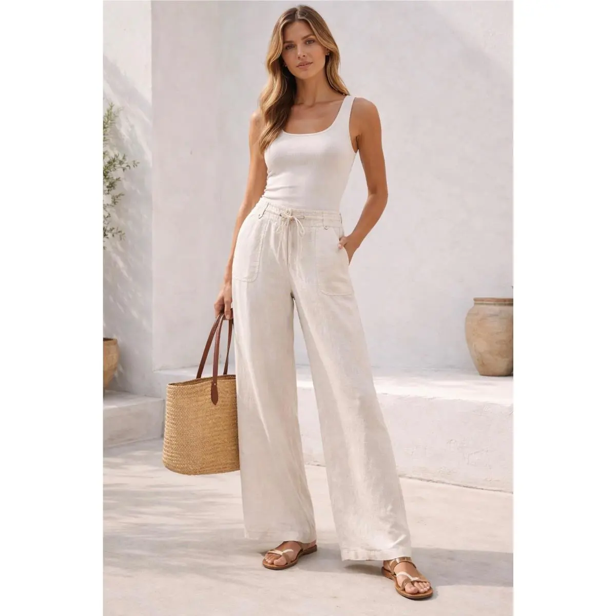 Max Mara Womens Fit W8 Drawstring Wide Leg Linen Pants - Ecru Ivory - 8