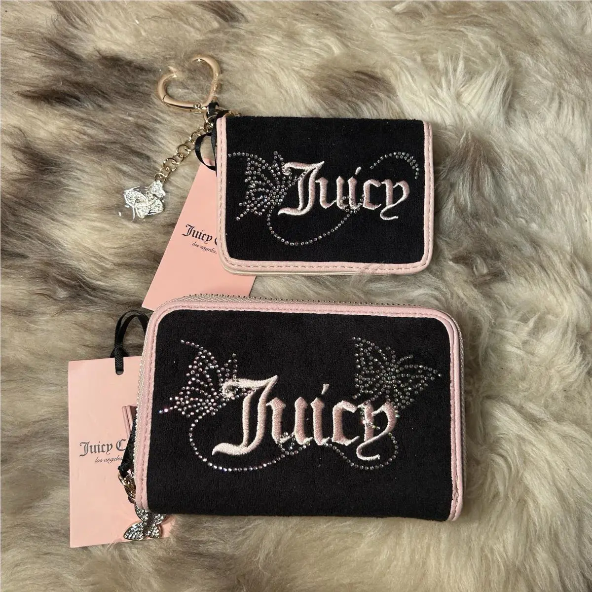 Juicy Couture Wing It Double Zip Wallet Card Case Key Fob Set - Black