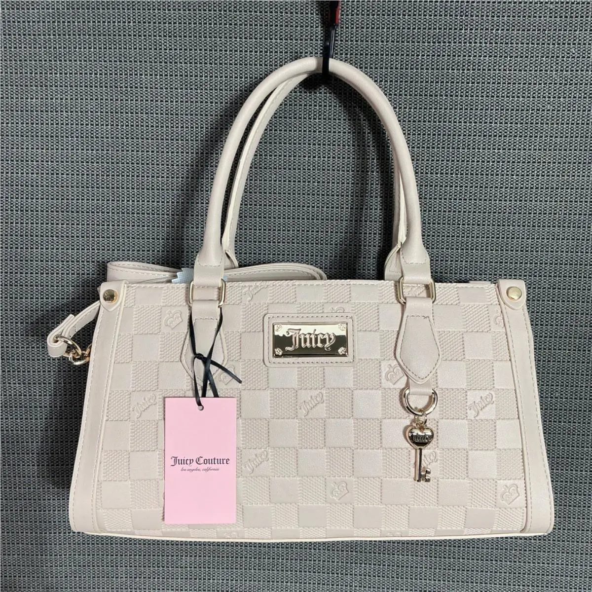 Juicy Couture Beige Checkered Miss Independent Satchel Gold Key Charm Crossbody