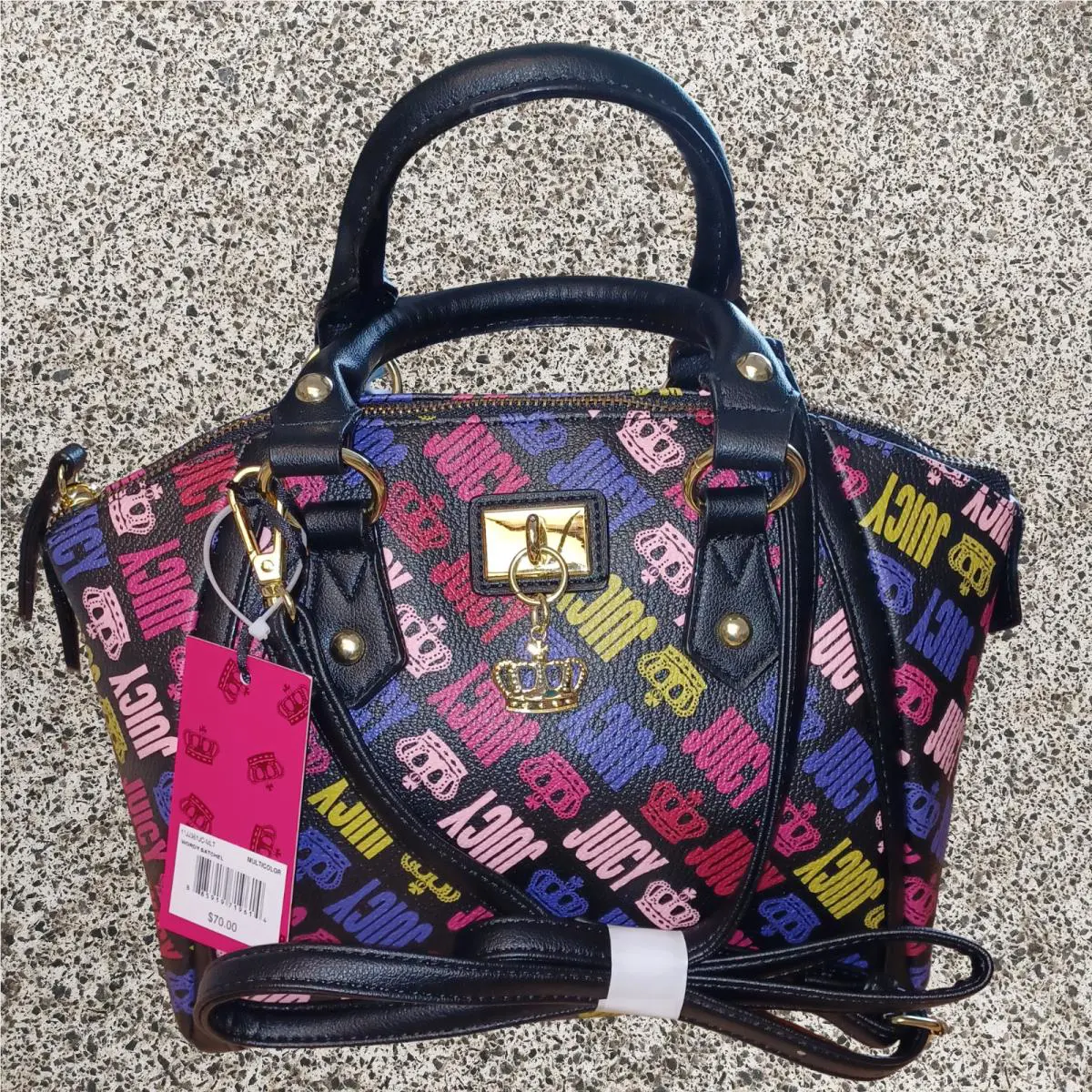 Juicy Couture Wordy Multicolor Logo Satchel Black Handbag