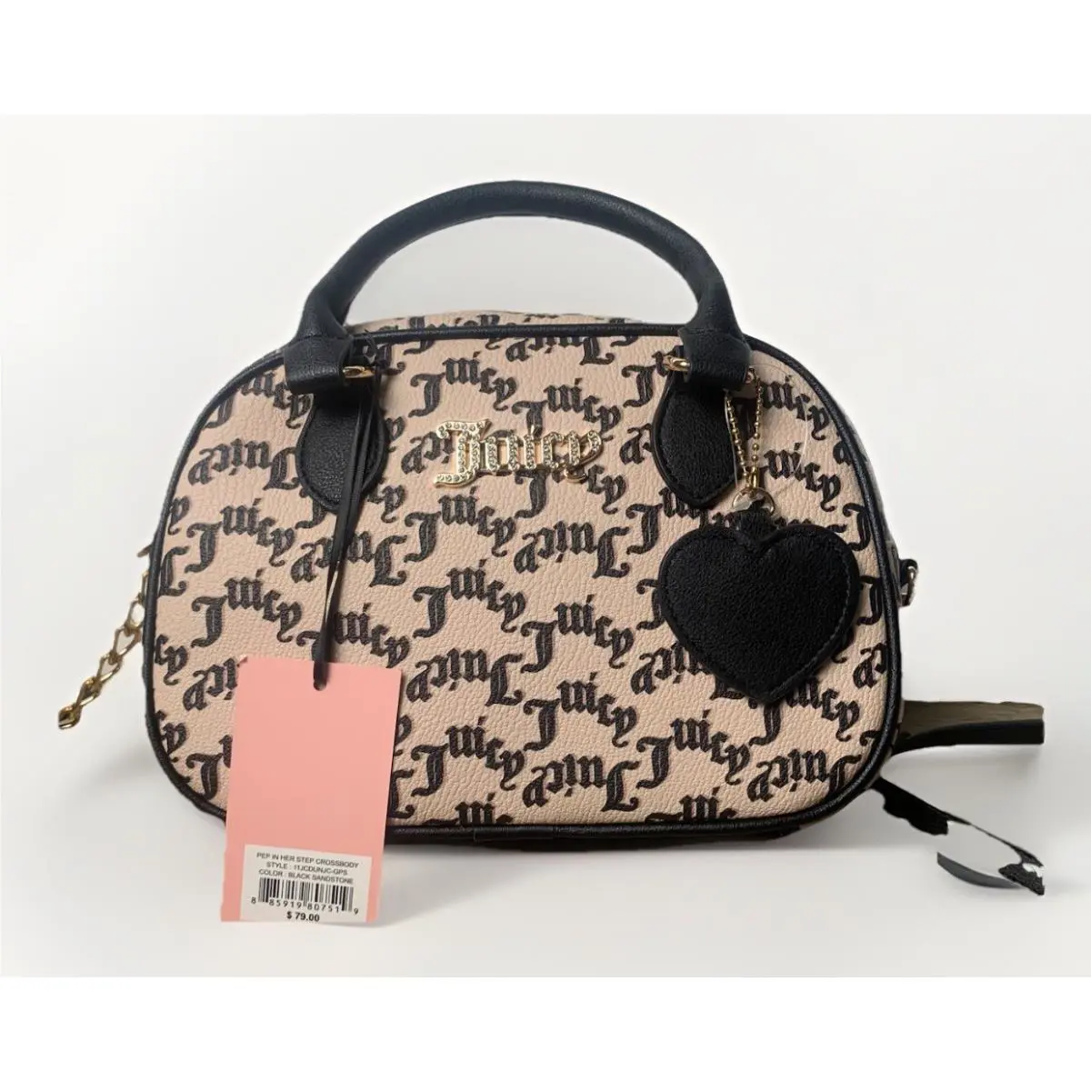 Juicy Couture Pep In Her Step Crossbody Satchel Black Sandstone Logo Charm