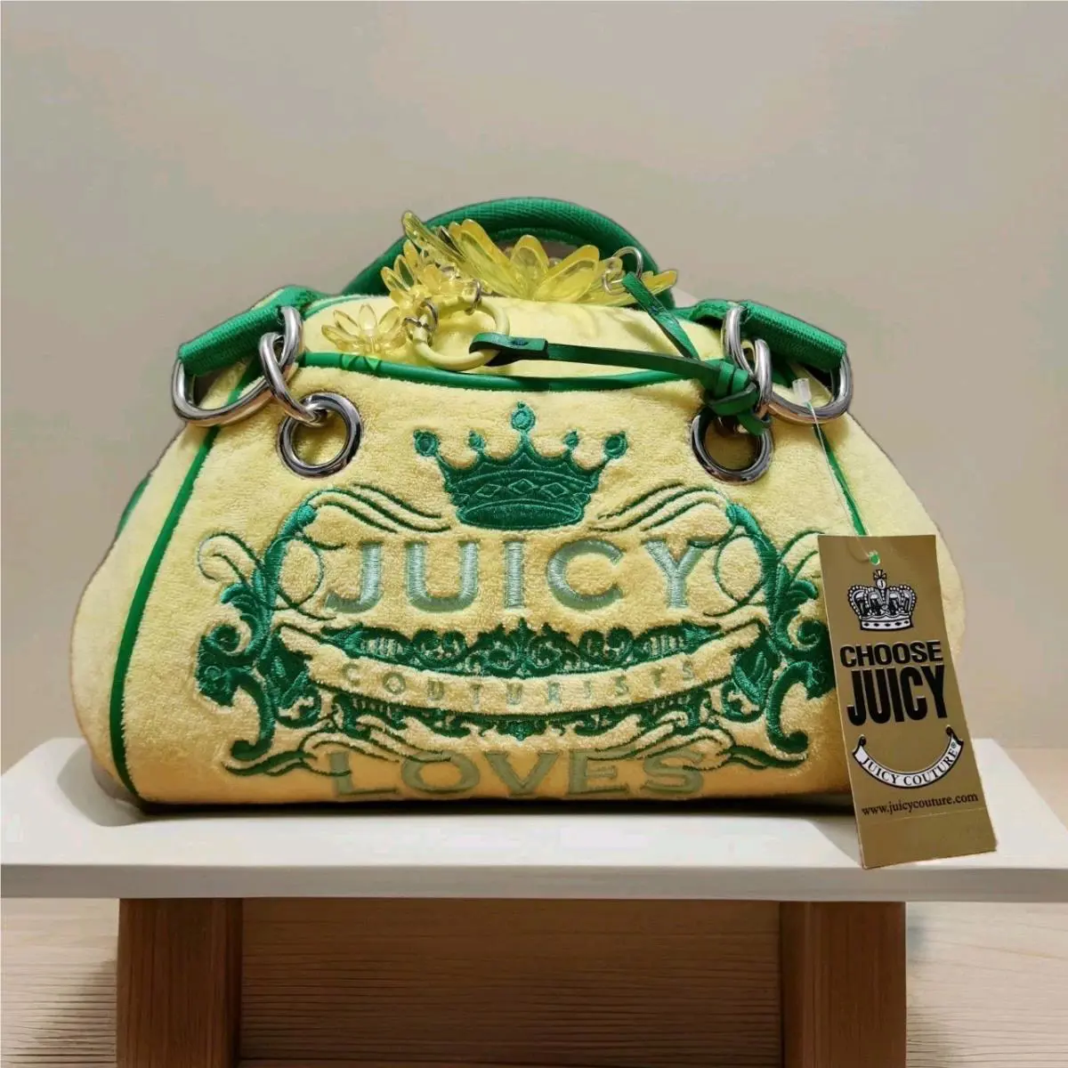 Send Offers Y2K Juicy Couture Green Yellow Velour Bowler Satchel Bag Velvet 2002