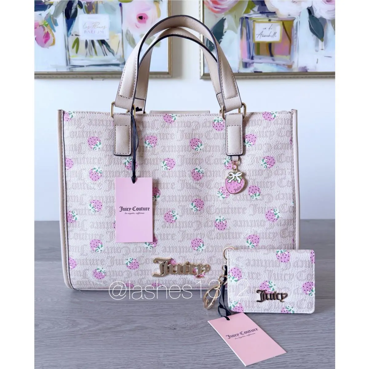 Juicy Couture Bag Berry Sweet Large Tote Wallet Set - Beige Strawberry Print