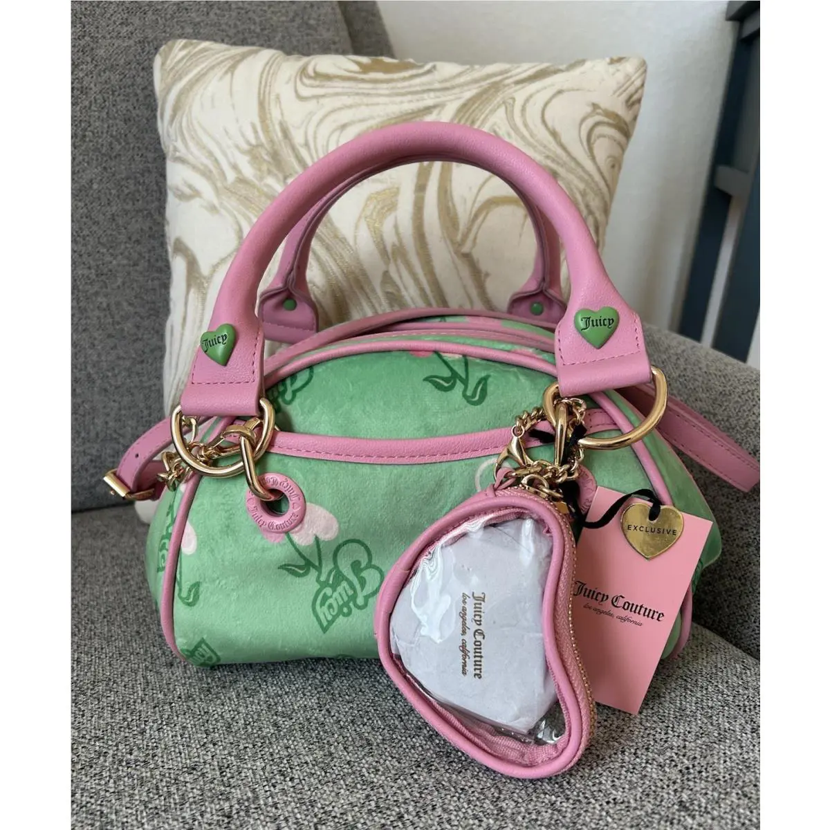 Juicy Couture Cherry Pink Green Gelato Satchel Crossbody Bag Bowler Retro