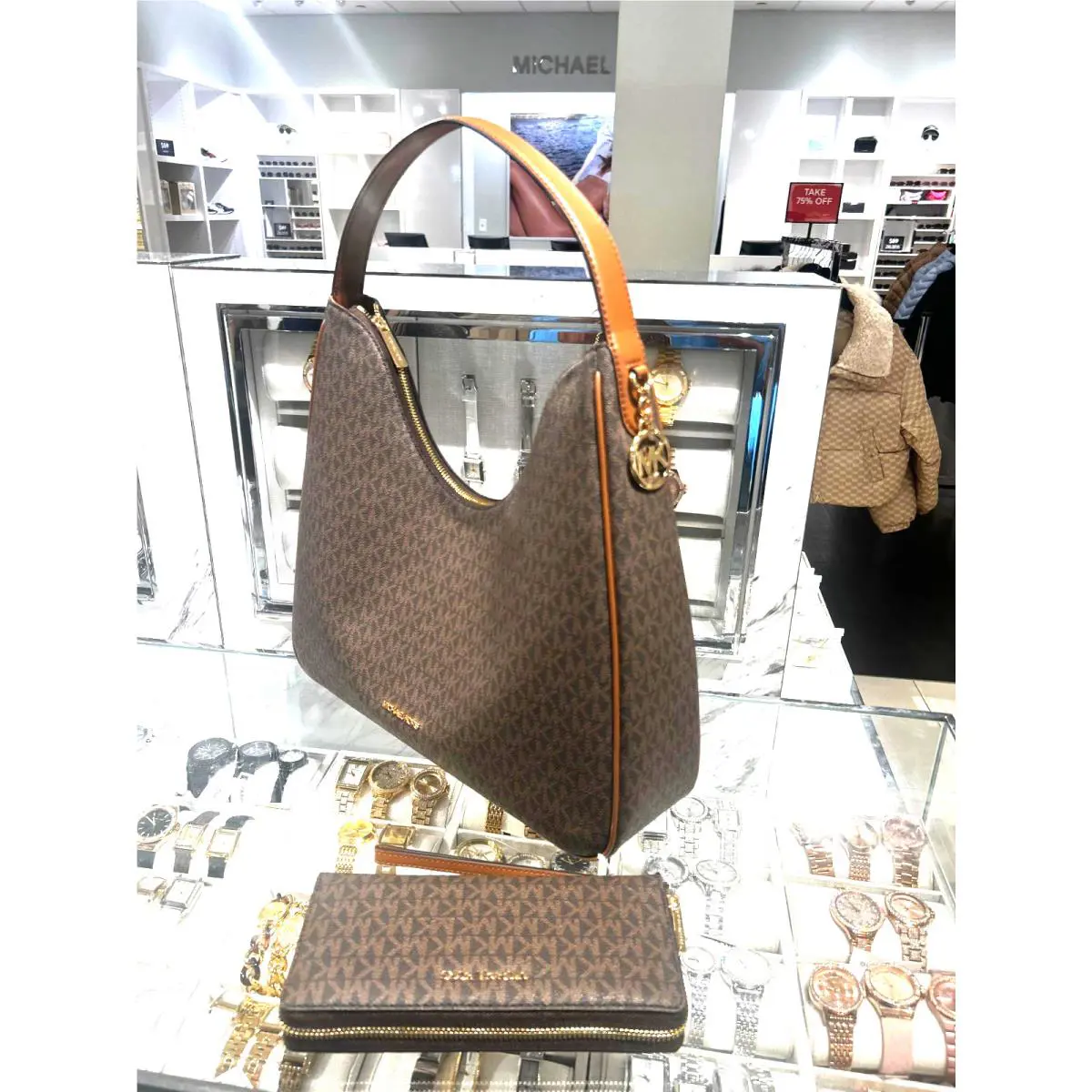 Michael Kors Nayla Medium MK Logo Shoulder Bag + Continental Wallet Set Brown