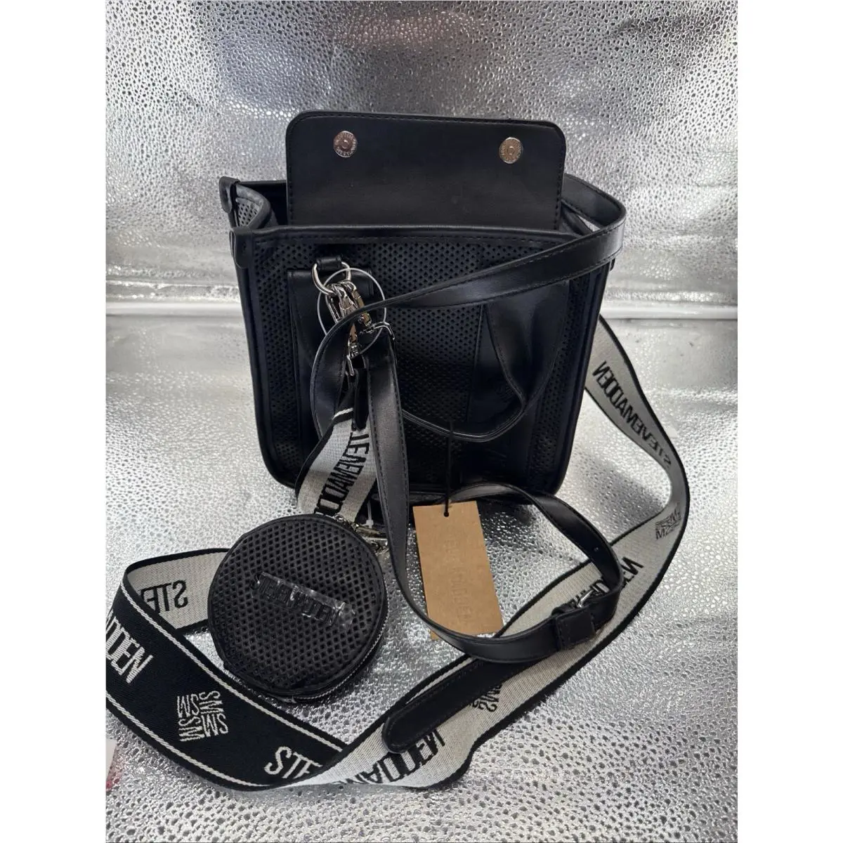 Steve Maddens Black Straw Satchel Crossbody Womens Purse Bag Earbud Case Bwebber