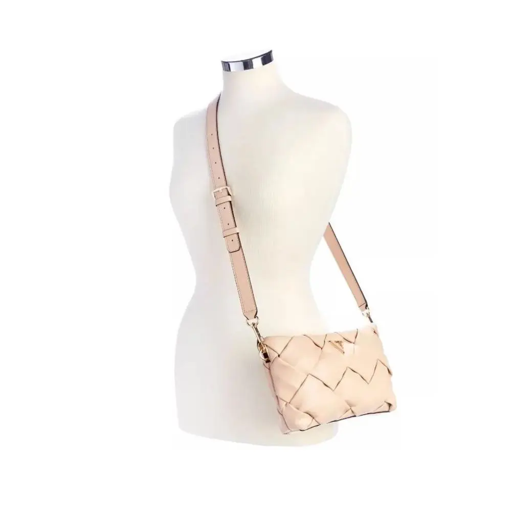 Guess Zaina Crossbody Top Zip Quilted Weave Chic Style Stone/ Beige