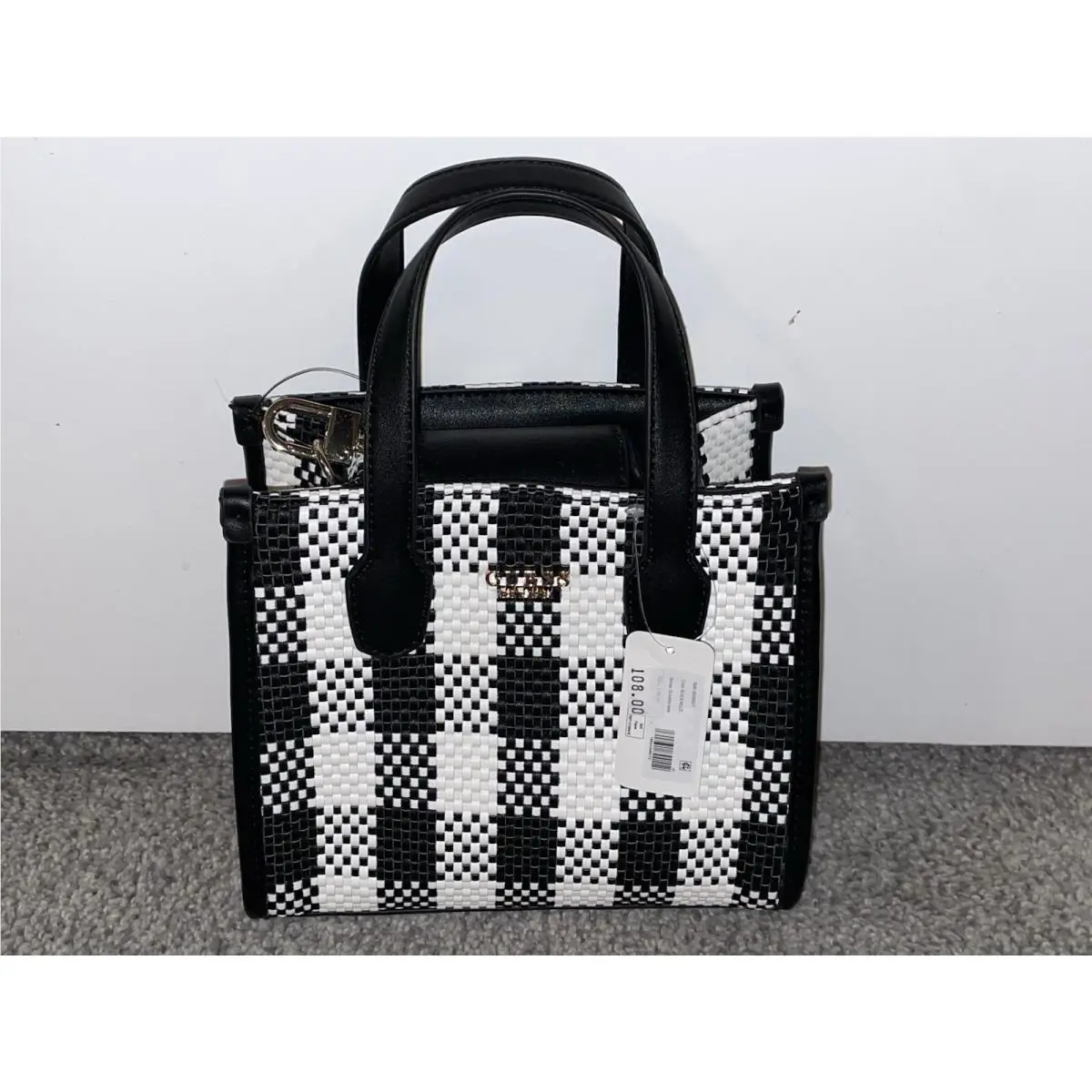 Guess Silvana Double Compartment Mini Tote Women`s Handbag Black White Purse