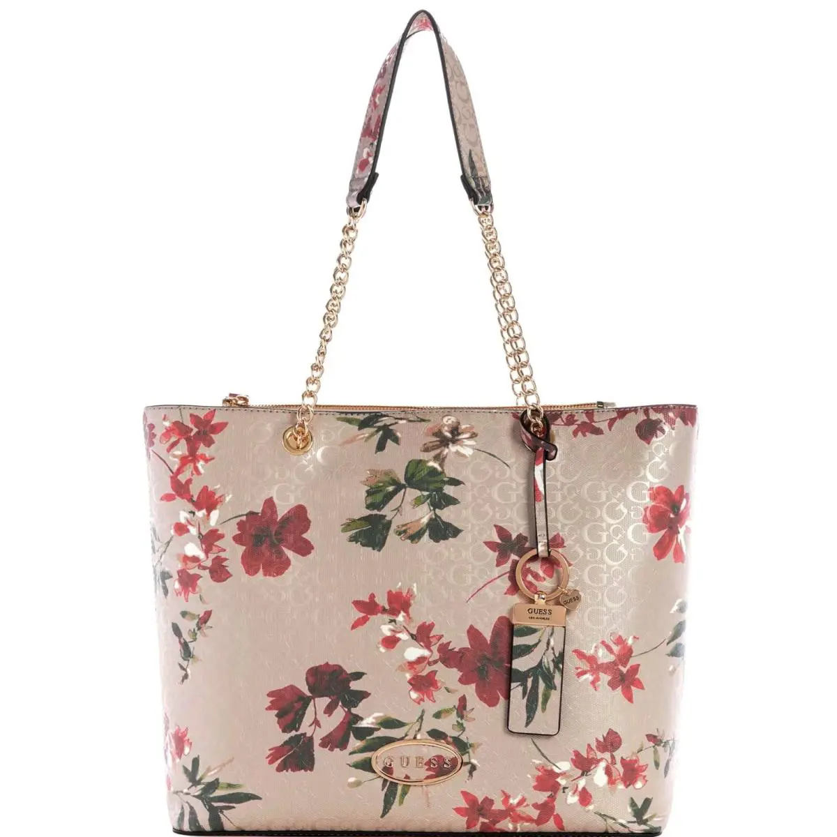 Guess Logo Embossed Floral Print Chain Handle Tote Bag Handbag - Rose Dust