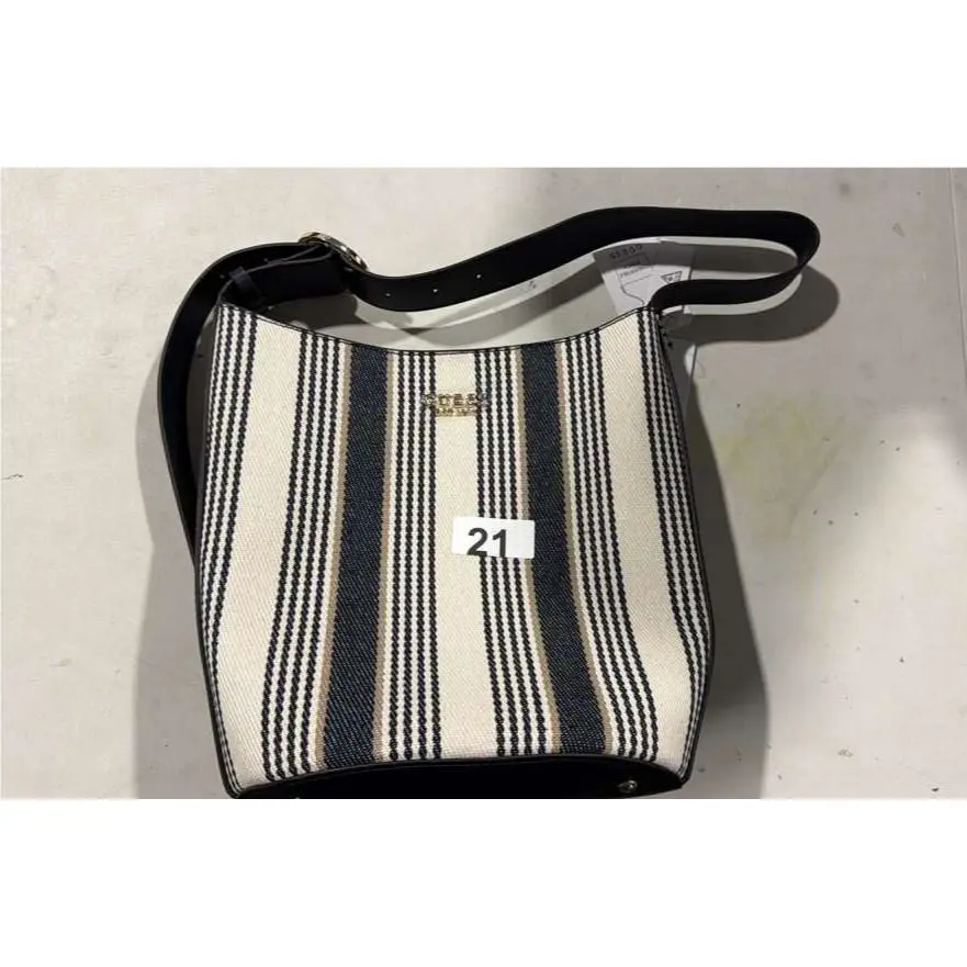 Guess Nicolette Stripe Bucket Shoulder Handbag Navy Multi Gold