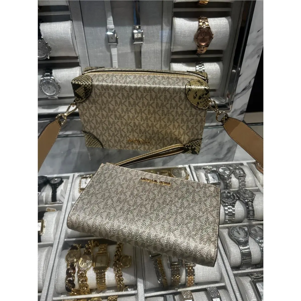 Michael Kors Jeanie SM Metallic Trunk Crossbody Bag +double Zip Wallet Pale Gold