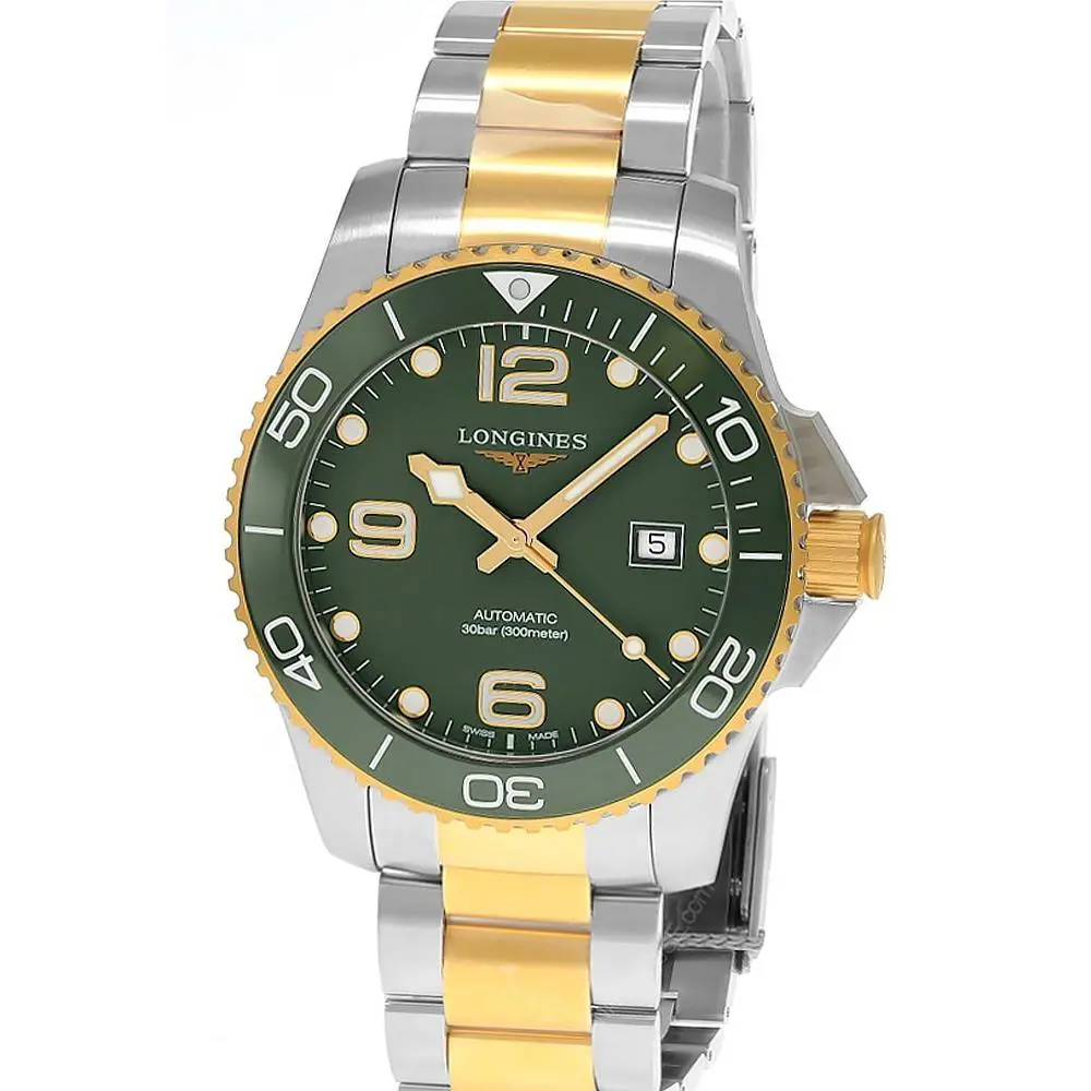 Longines Womens Hydroconquest Auto 43 Green Dial Twotone Watch L3.782.3.06.7 - Dial: Green, Band: Gold, Silver, Bezel: Gold, Green
