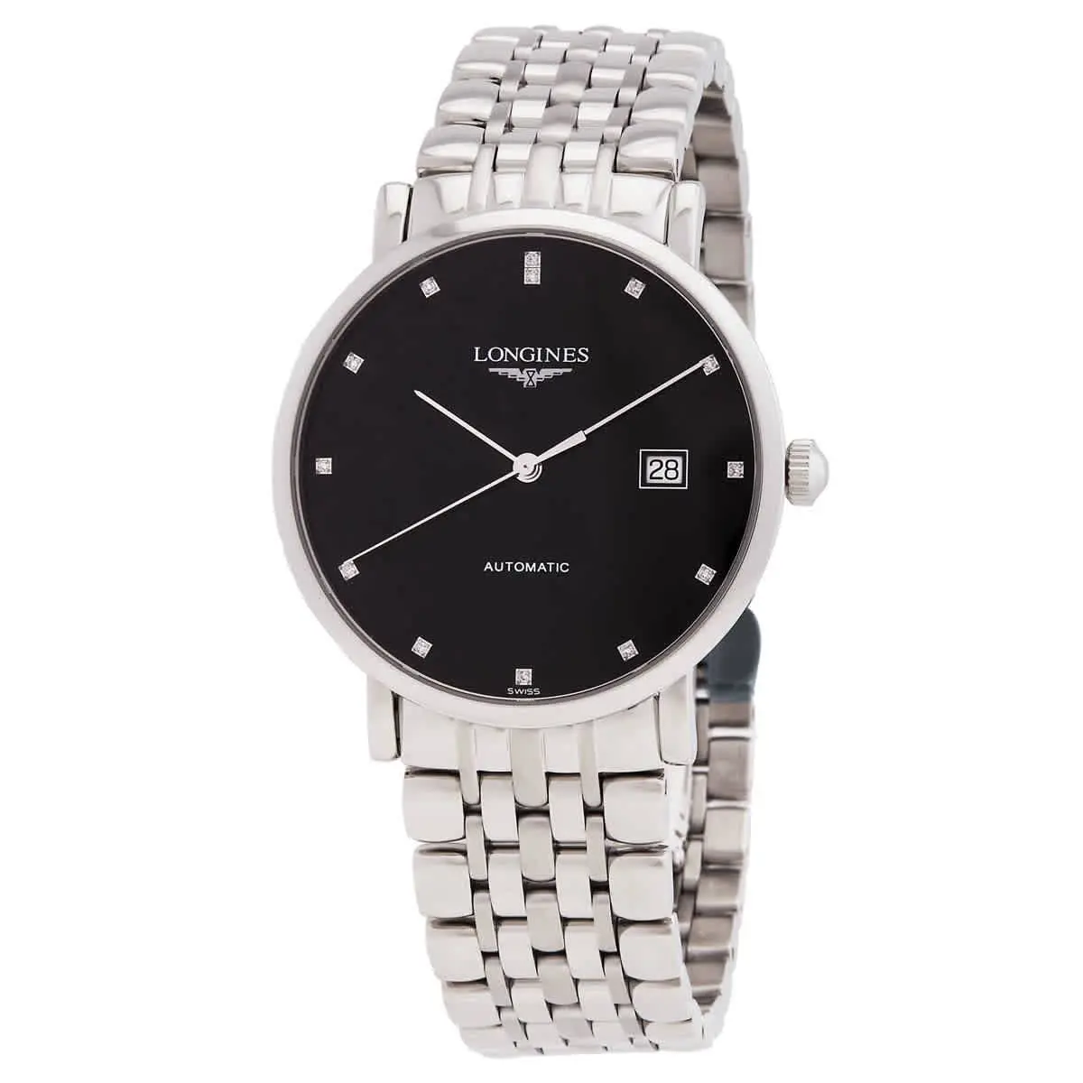 Longines Elegant Automatic Diamond Black Dial Men`s Watch L4.910.4.57.6 - Dial: Black, Band: Silver, Bezel: Silver