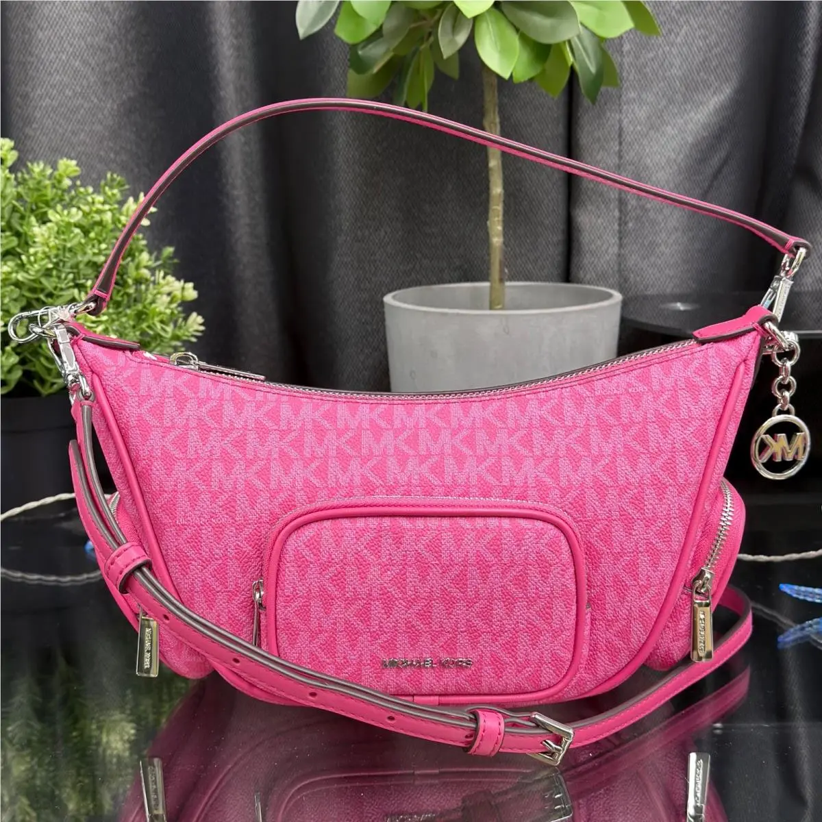 Merritt Small Convertible Shoulder Bag Crossbody MK Logo Hibiscus by Michael Kors