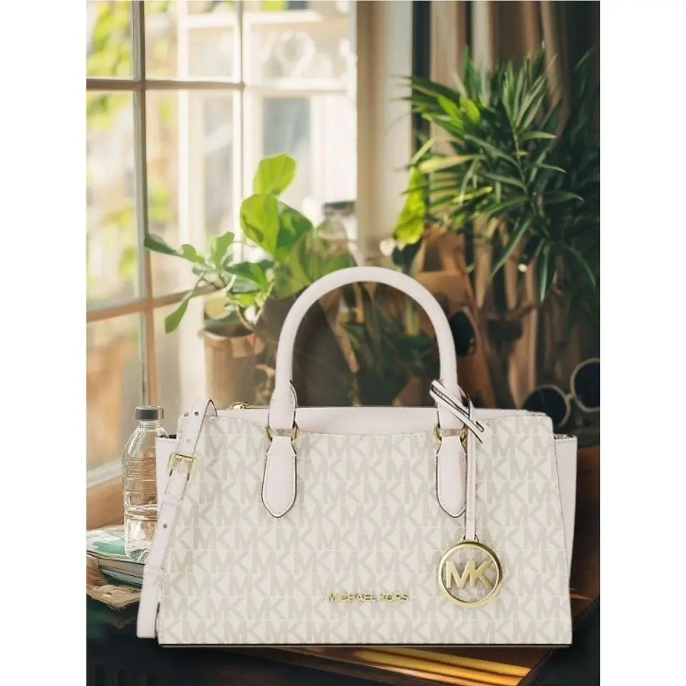 Michael Kors Arden Women Small MK Logo Top Zip Messenger Bag Light Cream Multi