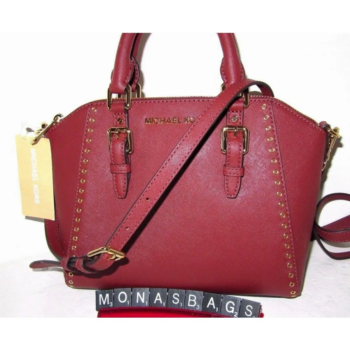Michael Kors Ciara Gold Studs Brick Red Leather Medium Satchel Bag