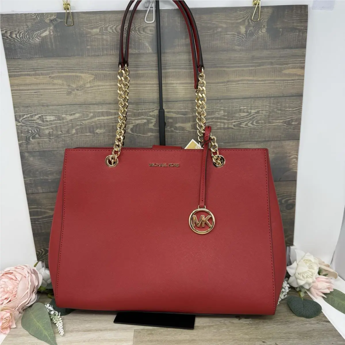 Michael Kors Susannah Flame Red Large Tote Shoulder Bag
